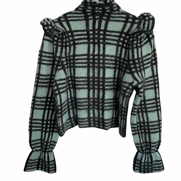 ZARA wool mohair sweater NWT green black S ruffle shoulder soft - Picture 5 of 13